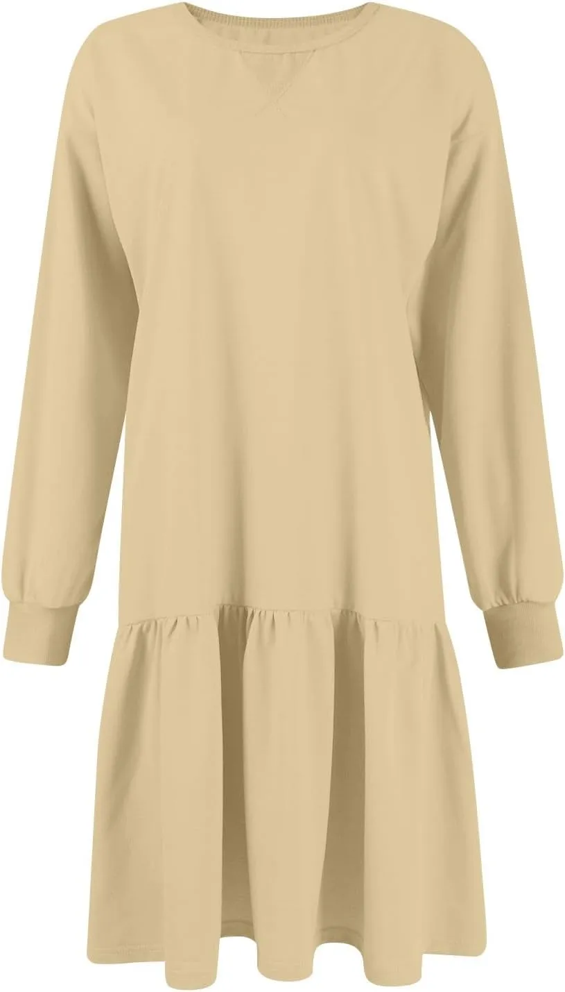 Womens Sweatshirt Dresses Solid Rib Knit Patchwork Dress Casual Long Sleeve Crewneck Pullover Tops Mini Pleated Dress