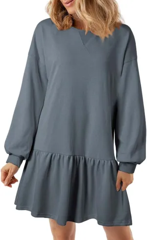 Womens Sweatshirt Dresses Solid Rib Knit Patchwork Dress Casual Long Sleeve Crewneck Pullover Tops Mini Pleated Dress