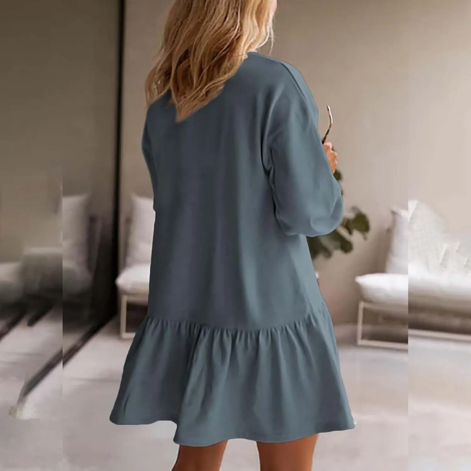 Womens Sweatshirt Dresses Solid Rib Knit Patchwork Dress Casual Long Sleeve Crewneck Pullover Tops Mini Pleated Dress