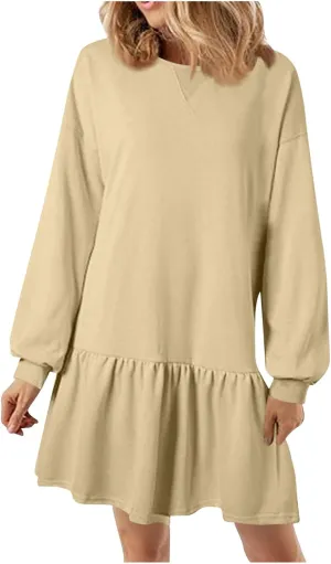 Womens Sweatshirt Dresses Solid Rib Knit Patchwork Dress Casual Long Sleeve Crewneck Pullover Tops Mini Pleated Dress
