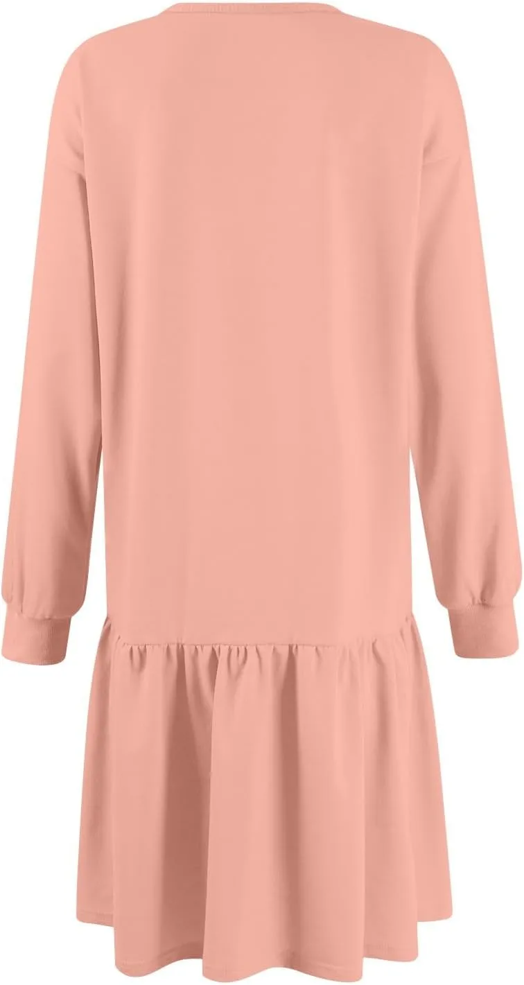Womens Sweatshirt Dresses Solid Rib Knit Patchwork Dress Casual Long Sleeve Crewneck Pullover Tops Mini Pleated Dress