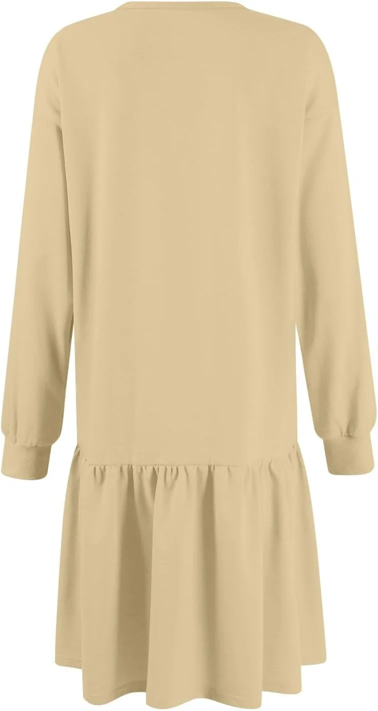 Womens Sweatshirt Dresses Solid Rib Knit Patchwork Dress Casual Long Sleeve Crewneck Pullover Tops Mini Pleated Dress
