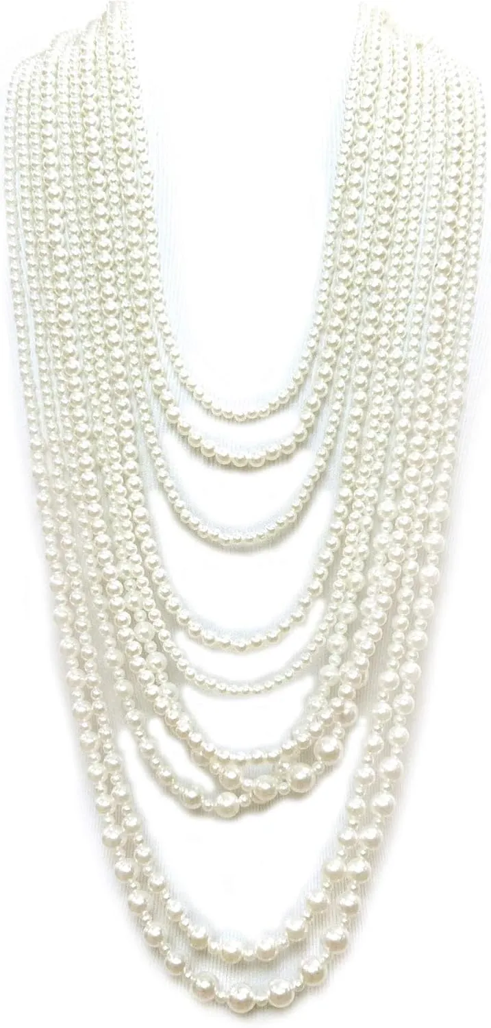 Women's Ten Multi-Strand Faux Pearl Statement Necklace and Earrings Set in Cream Color