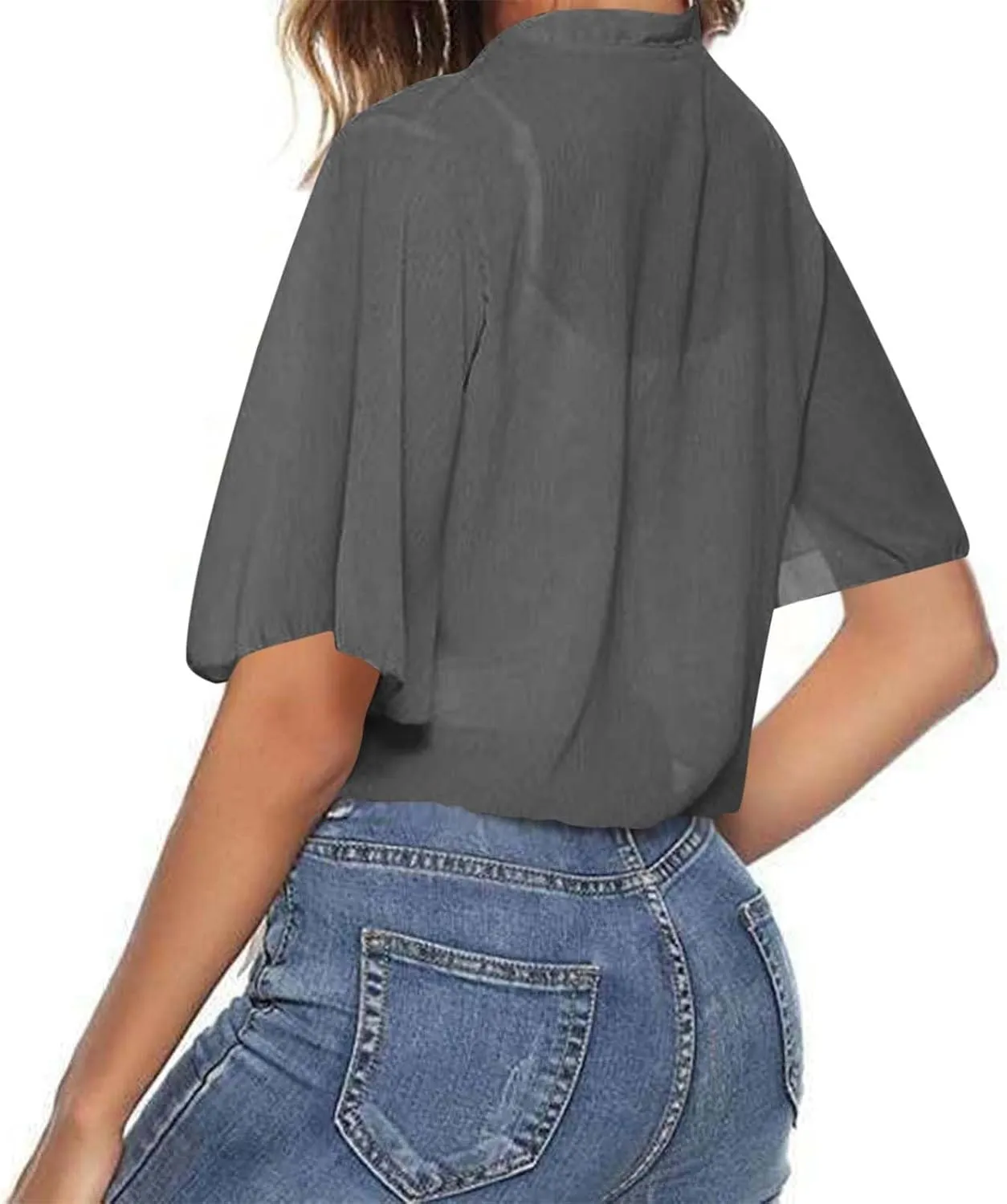 Women's Tie Front Knot Short Sleeeve Crop Tops Blouse Lightweight Chiffon Bolero Shrugs Summer Sheer Shawl Cardigans