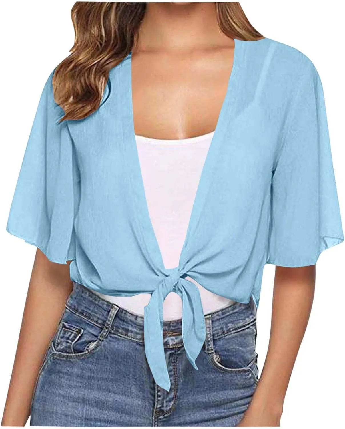 Women's Tie Front Knot Short Sleeeve Crop Tops Blouse Lightweight Chiffon Bolero Shrugs Summer Sheer Shawl Cardigans