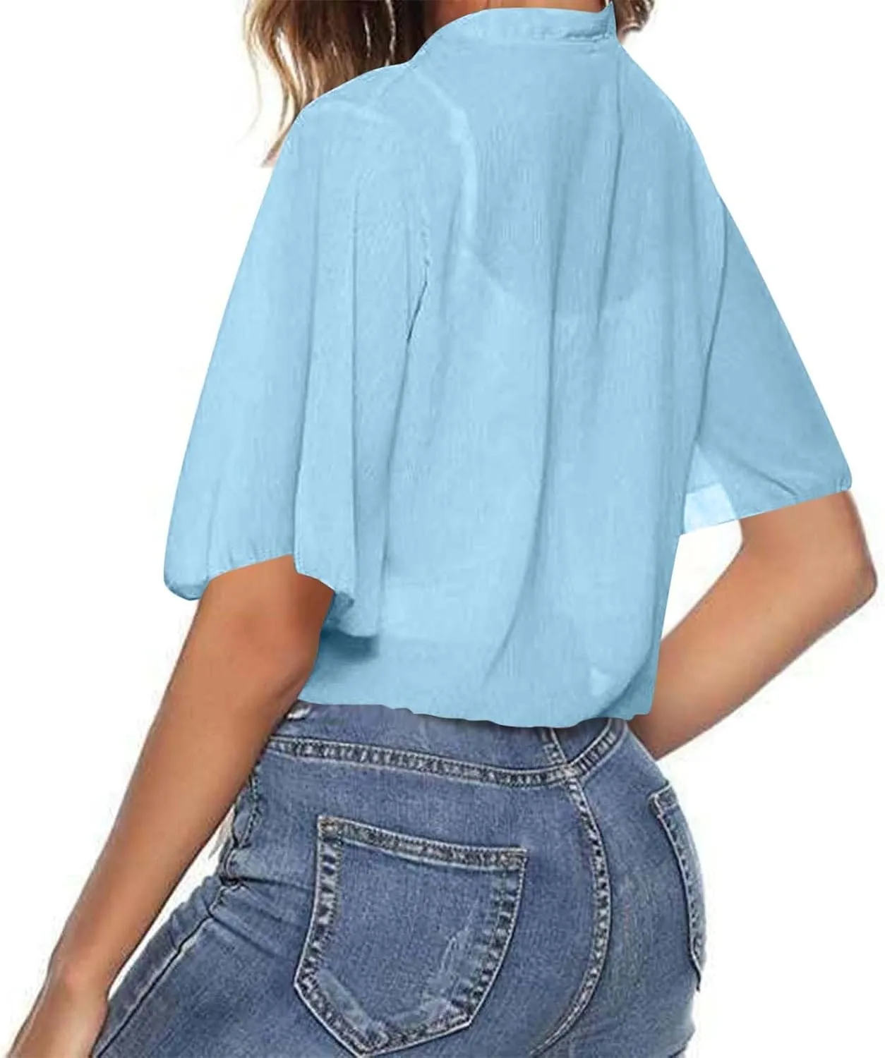 Women's Tie Front Knot Short Sleeeve Crop Tops Blouse Lightweight Chiffon Bolero Shrugs Summer Sheer Shawl Cardigans