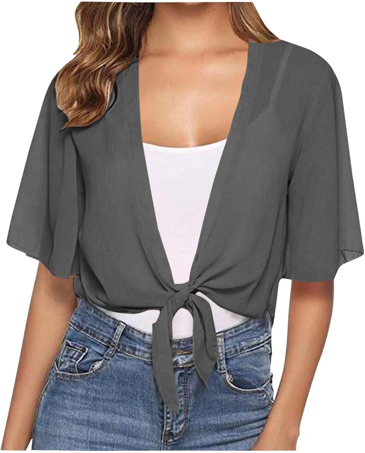 Women's Tie Front Knot Short Sleeeve Crop Tops Blouse Lightweight Chiffon Bolero Shrugs Summer Sheer Shawl Cardigans