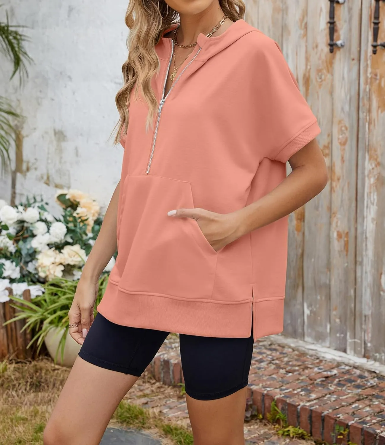 Womens Tops Oversized Tee Shirts 1/4 Zip Hoodie Casual Loose Summer Blouses Short Sleeve Tshirts Y2K Outfits