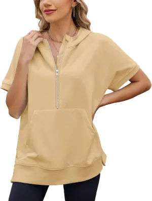 Womens Tops Oversized Tee Shirts 1/4 Zip Hoodie Casual Loose Summer Blouses Short Sleeve Tshirts Y2K Outfits