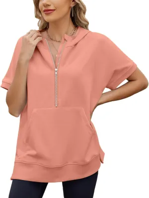 Womens Tops Oversized Tee Shirts 1/4 Zip Hoodie Casual Loose Summer Blouses Short Sleeve Tshirts Y2K Outfits