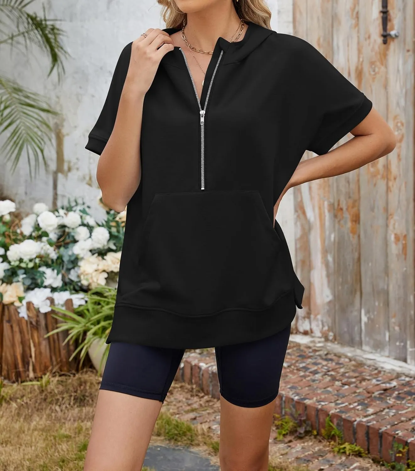 Womens Tops Oversized Tee Shirts 1/4 Zip Hoodie Casual Loose Summer Blouses Short Sleeve Tshirts Y2K Outfits