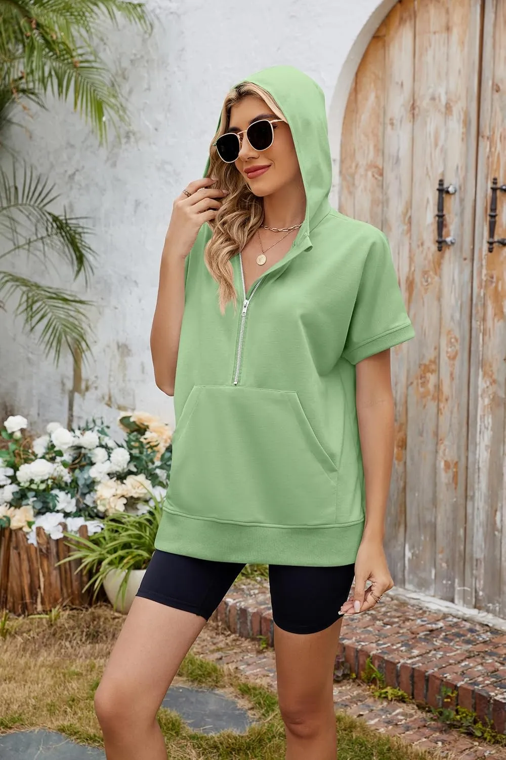 Womens Tops Oversized Tee Shirts 1/4 Zip Hoodie Casual Loose Summer Blouses Short Sleeve Tshirts Y2K Outfits