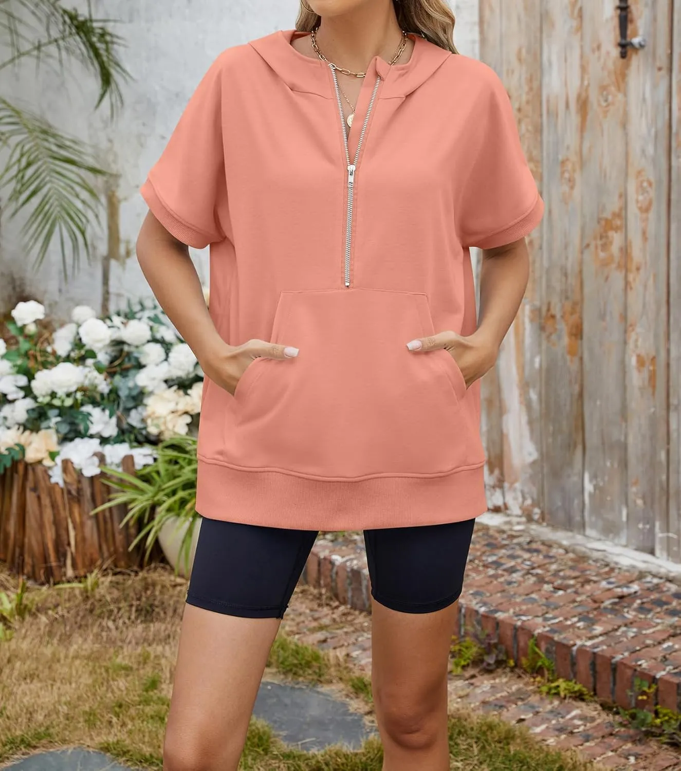Womens Tops Oversized Tee Shirts 1/4 Zip Hoodie Casual Loose Summer Blouses Short Sleeve Tshirts Y2K Outfits