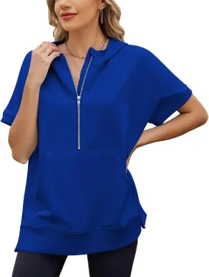 Womens Tops Oversized Tee Shirts 1/4 Zip Hoodie Casual Loose Summer Blouses Short Sleeve Tshirts Y2K Outfits