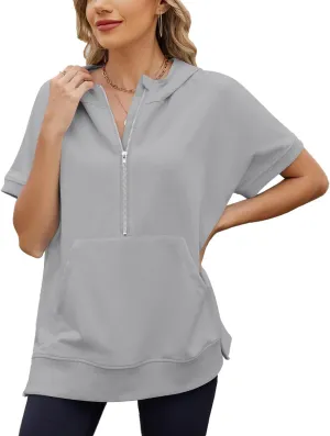 Womens Tops Oversized Tee Shirts 1/4 Zip Hoodie Casual Loose Summer Blouses Short Sleeve Tshirts Y2K Outfits