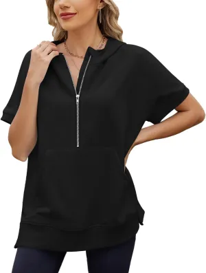 Womens Tops Oversized Tee Shirts 1/4 Zip Hoodie Casual Loose Summer Blouses Short Sleeve Tshirts Y2K Outfits