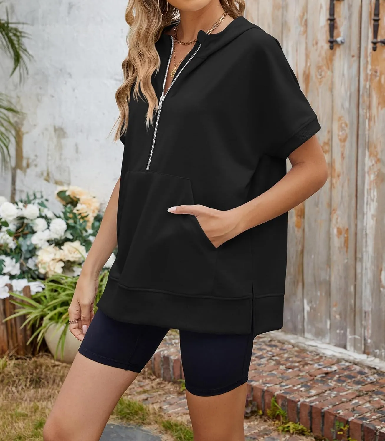 Womens Tops Oversized Tee Shirts 1/4 Zip Hoodie Casual Loose Summer Blouses Short Sleeve Tshirts Y2K Outfits