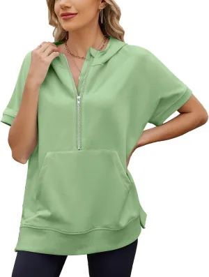 Womens Tops Oversized Tee Shirts 1/4 Zip Hoodie Casual Loose Summer Blouses Short Sleeve Tshirts Y2K Outfits