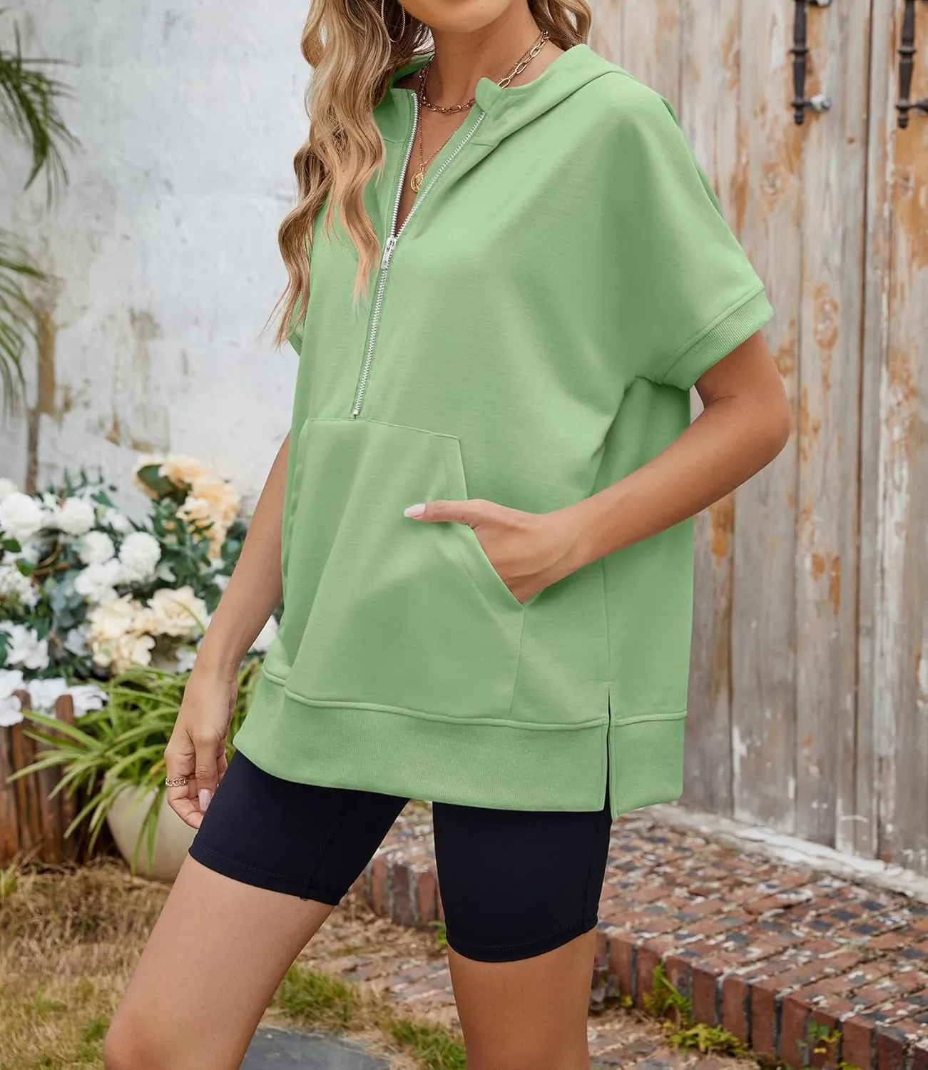 Womens Tops Oversized Tee Shirts 1/4 Zip Hoodie Casual Loose Summer Blouses Short Sleeve Tshirts Y2K Outfits