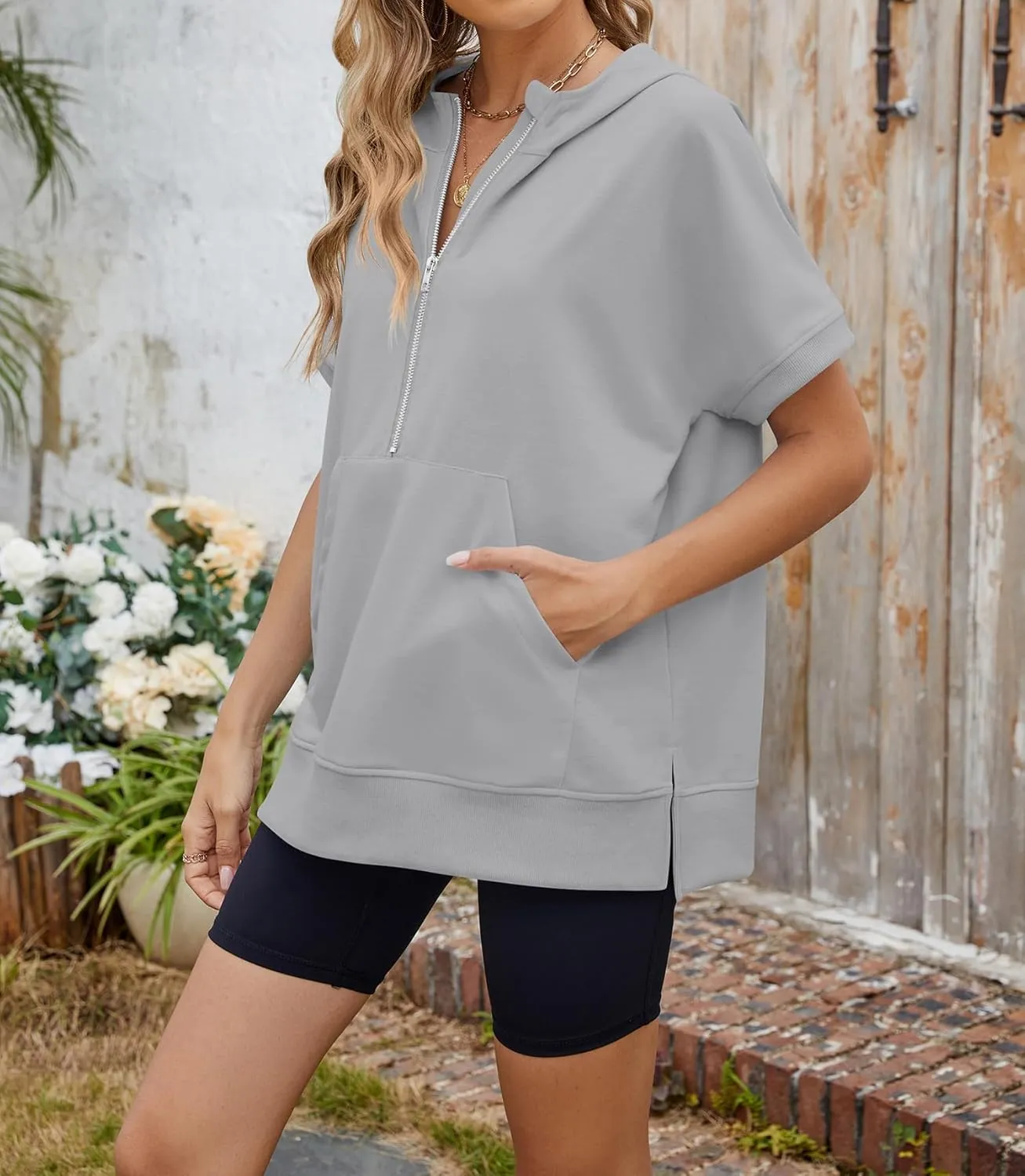 Womens Tops Oversized Tee Shirts 1/4 Zip Hoodie Casual Loose Summer Blouses Short Sleeve Tshirts Y2K Outfits