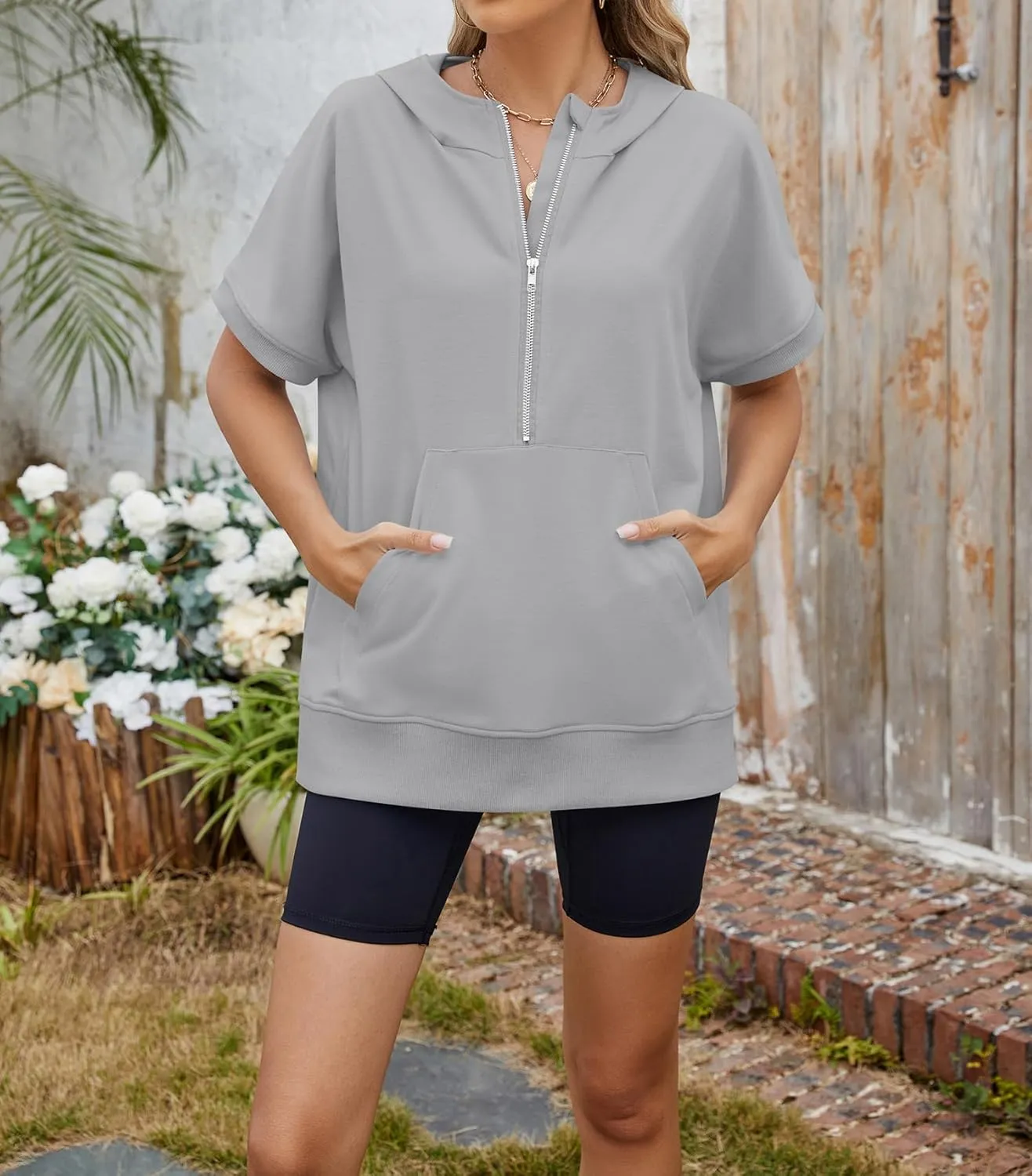 Womens Tops Oversized Tee Shirts 1/4 Zip Hoodie Casual Loose Summer Blouses Short Sleeve Tshirts Y2K Outfits