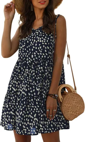 Women's V Neck Sleeveless Dot Print Dress Loose Ruffle Hem Swing Babydoll Dress