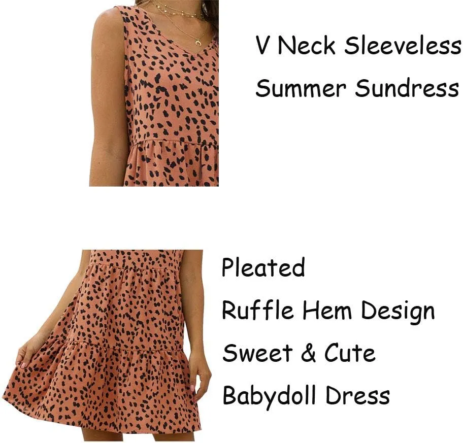 Women's V Neck Sleeveless Dot Print Dress Loose Ruffle Hem Swing Babydoll Dress