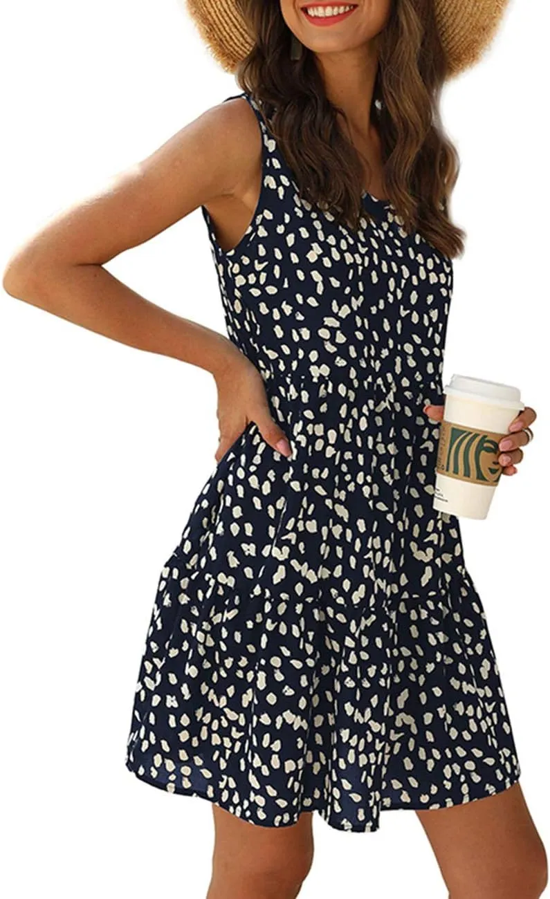 Women's V Neck Sleeveless Dot Print Dress Loose Ruffle Hem Swing Babydoll Dress