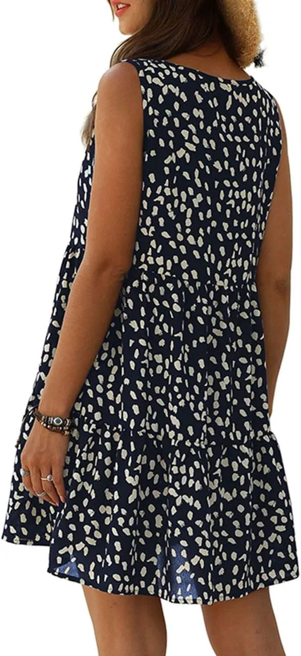 Women's V Neck Sleeveless Dot Print Dress Loose Ruffle Hem Swing Babydoll Dress