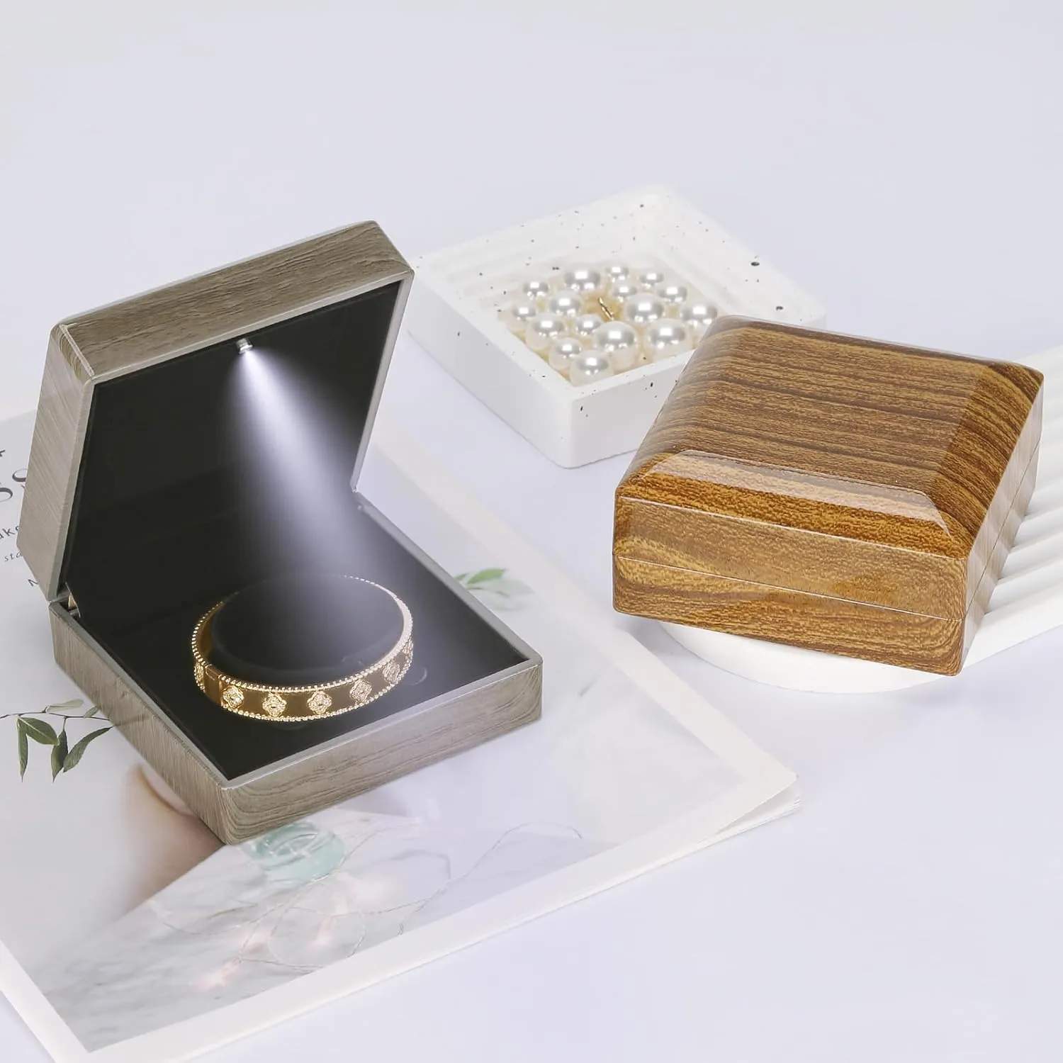 Wooden Jewelry Bracelet Gift Box with LED Light, Small Velvet Lining Bracelet Bangle Holder Display Case Storage Organizer for Wedding Christmas Engagement Birthday Anniversary (Style 1)