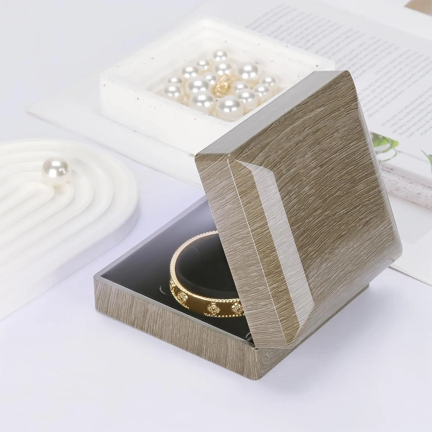 Wooden Jewelry Bracelet Gift Box with LED Light, Small Velvet Lining Bracelet Bangle Holder Display Case Storage Organizer for Wedding Christmas Engagement Birthday Anniversary (Style 1)