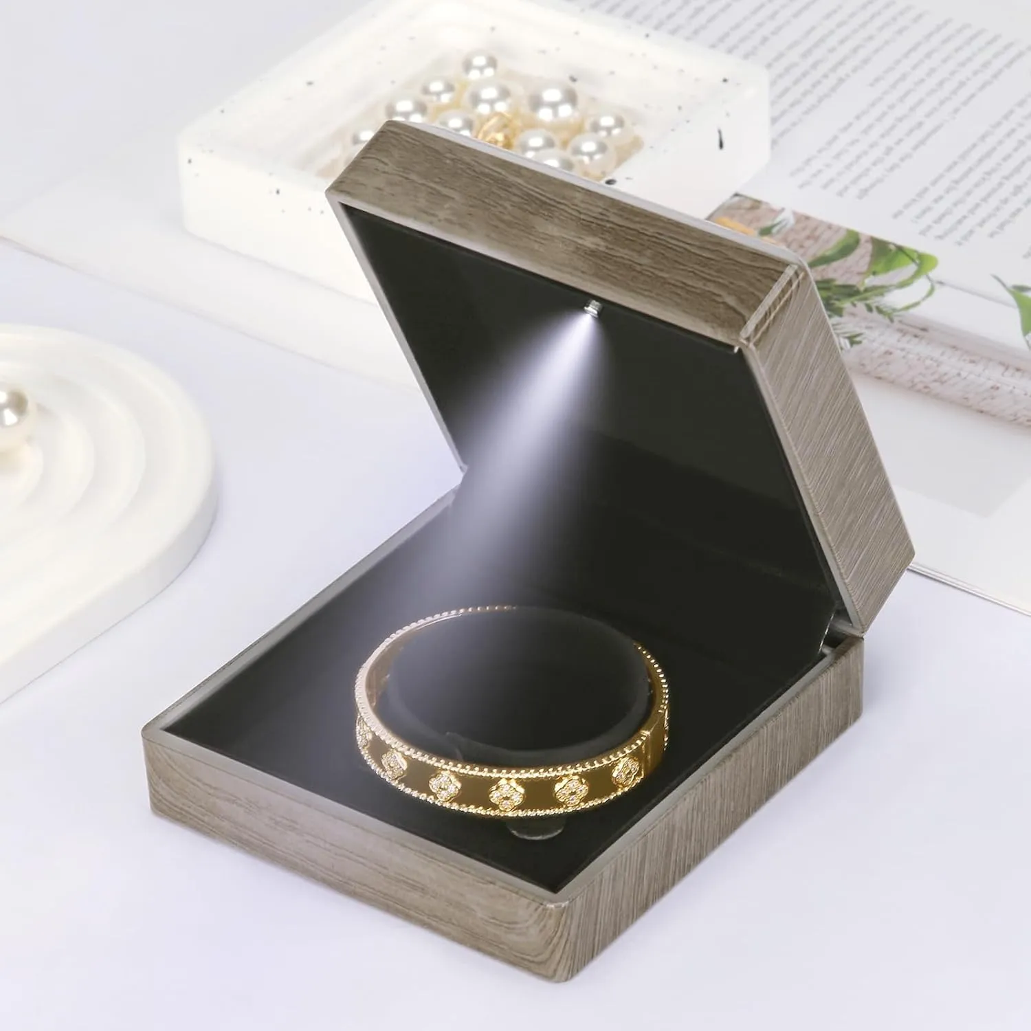 Wooden Jewelry Bracelet Gift Box with LED Light, Small Velvet Lining Bracelet Bangle Holder Display Case Storage Organizer for Wedding Christmas Engagement Birthday Anniversary (Style 1)
