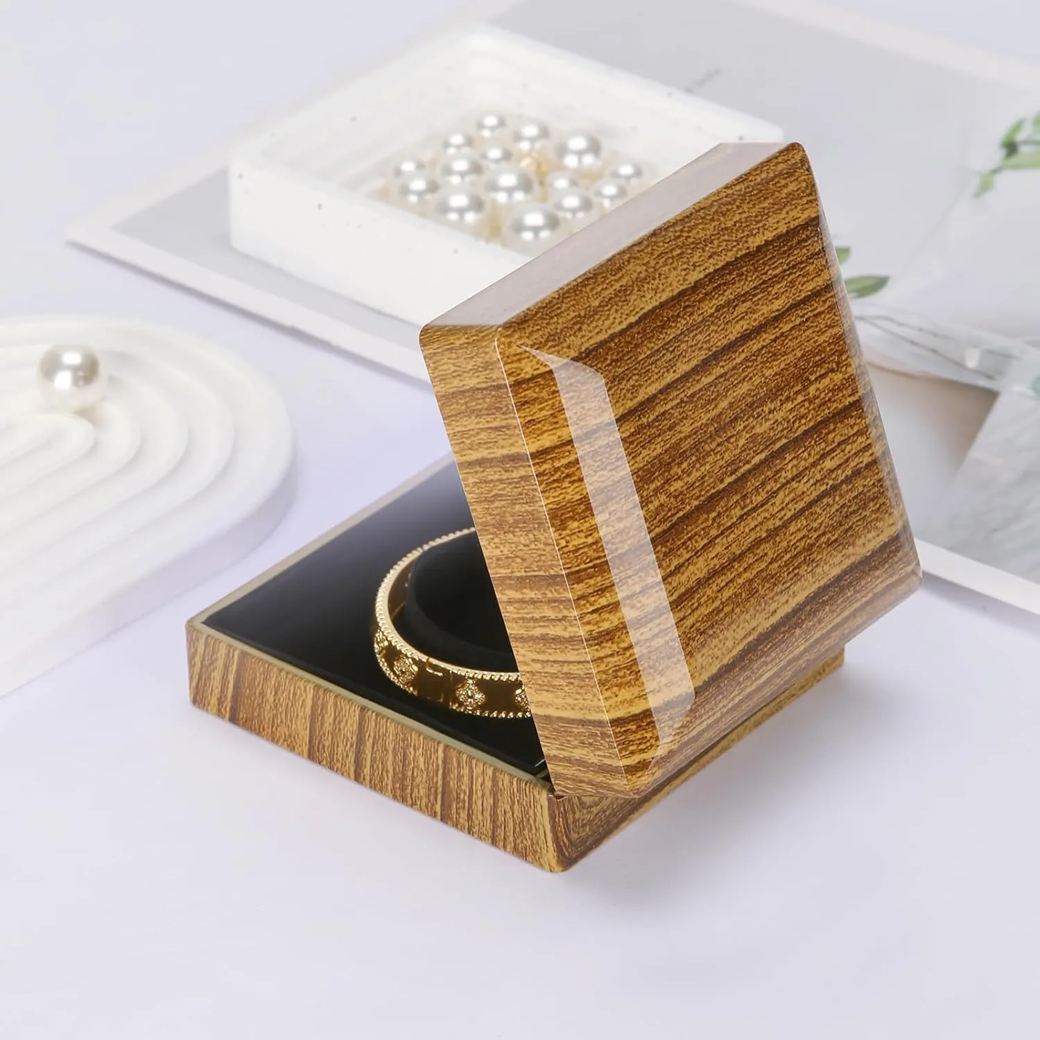 Wooden Jewelry Bracelet Gift Box with LED Light, Small Velvet Lining Bracelet Bangle Holder Display Case Storage Organizer for Wedding Christmas Engagement Birthday Anniversary (Style 2)