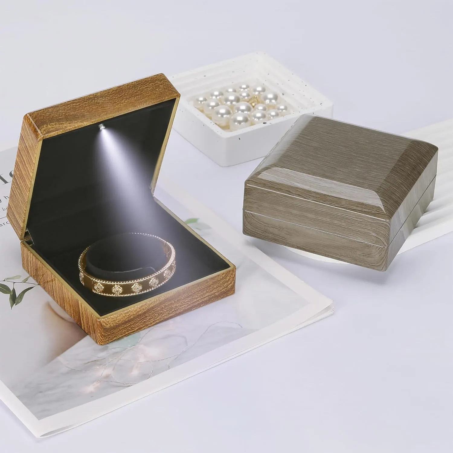 Wooden Jewelry Bracelet Gift Box with LED Light, Small Velvet Lining Bracelet Bangle Holder Display Case Storage Organizer for Wedding Christmas Engagement Birthday Anniversary (Style 2)