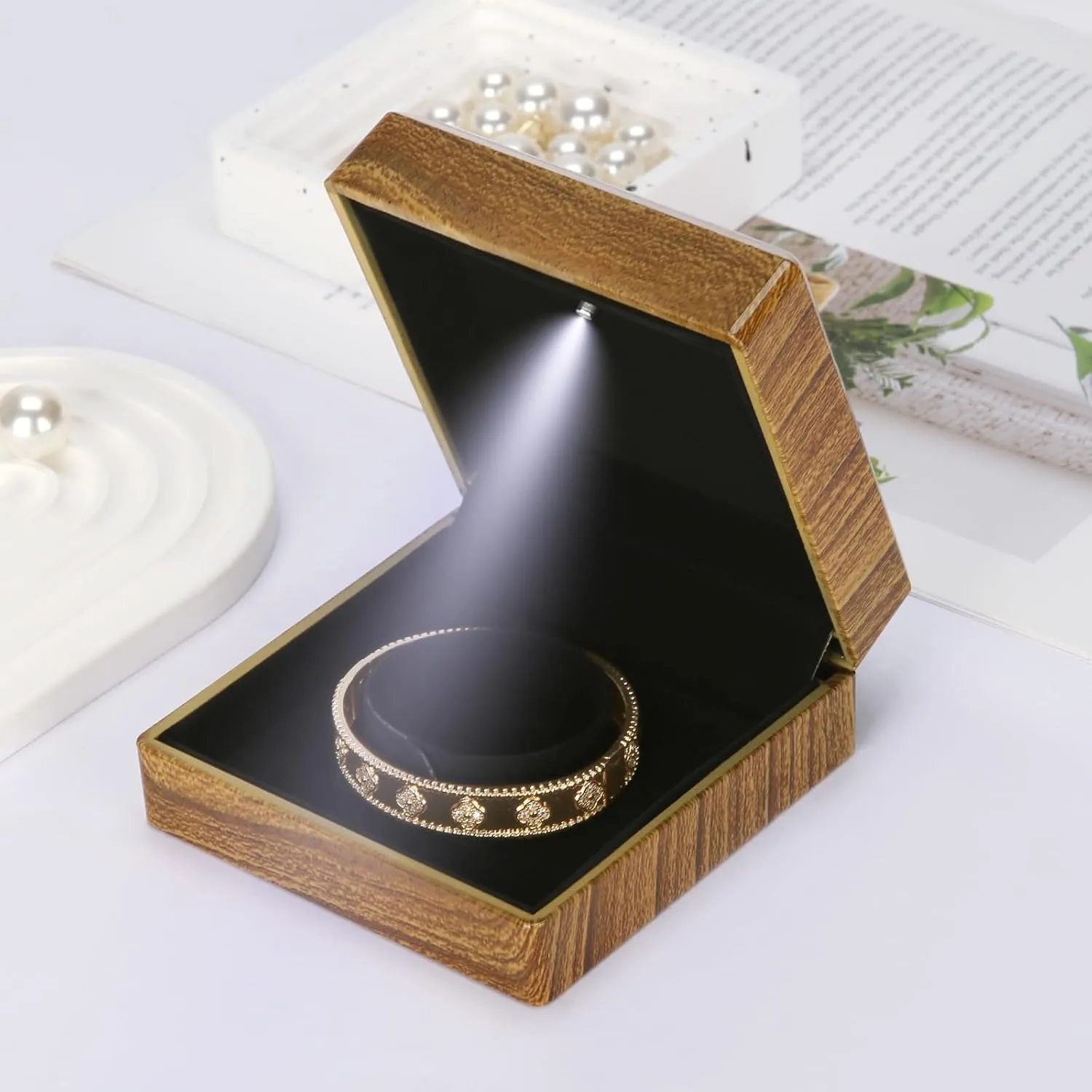 Wooden Jewelry Bracelet Gift Box with LED Light, Small Velvet Lining Bracelet Bangle Holder Display Case Storage Organizer for Wedding Christmas Engagement Birthday Anniversary (Style 2)