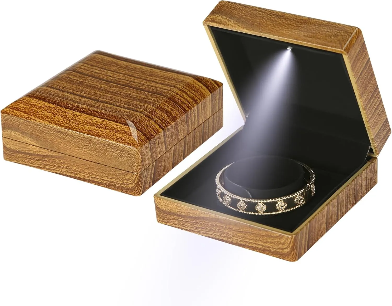 Wooden Jewelry Bracelet Gift Box with LED Light, Small Velvet Lining Bracelet Bangle Holder Display Case Storage Organizer for Wedding Christmas Engagement Birthday Anniversary (Style 2)