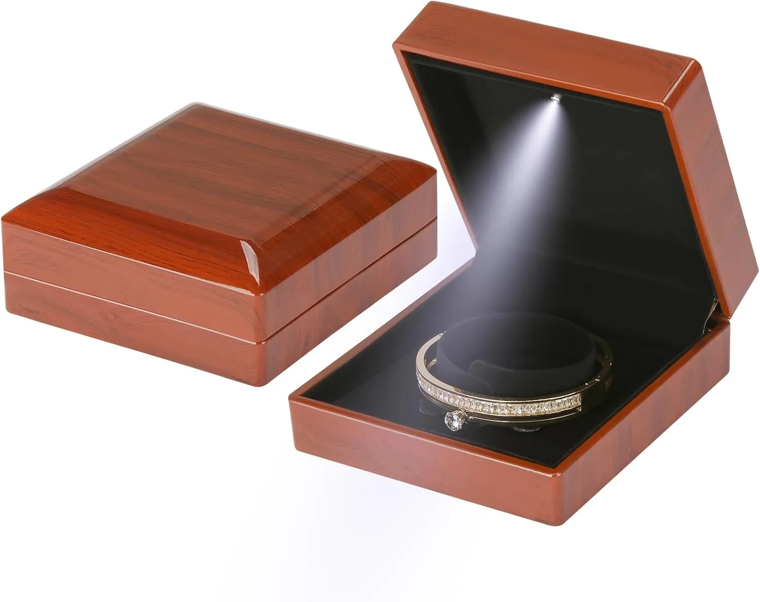 Wooden Jewelry Bracelet Gift Box with LED Light, Small Velvet Lining Bracelet Bangle Holder Display Case Storage Organizer for Wedding Christmas Engagement Birthday Anniversary (Style 5)