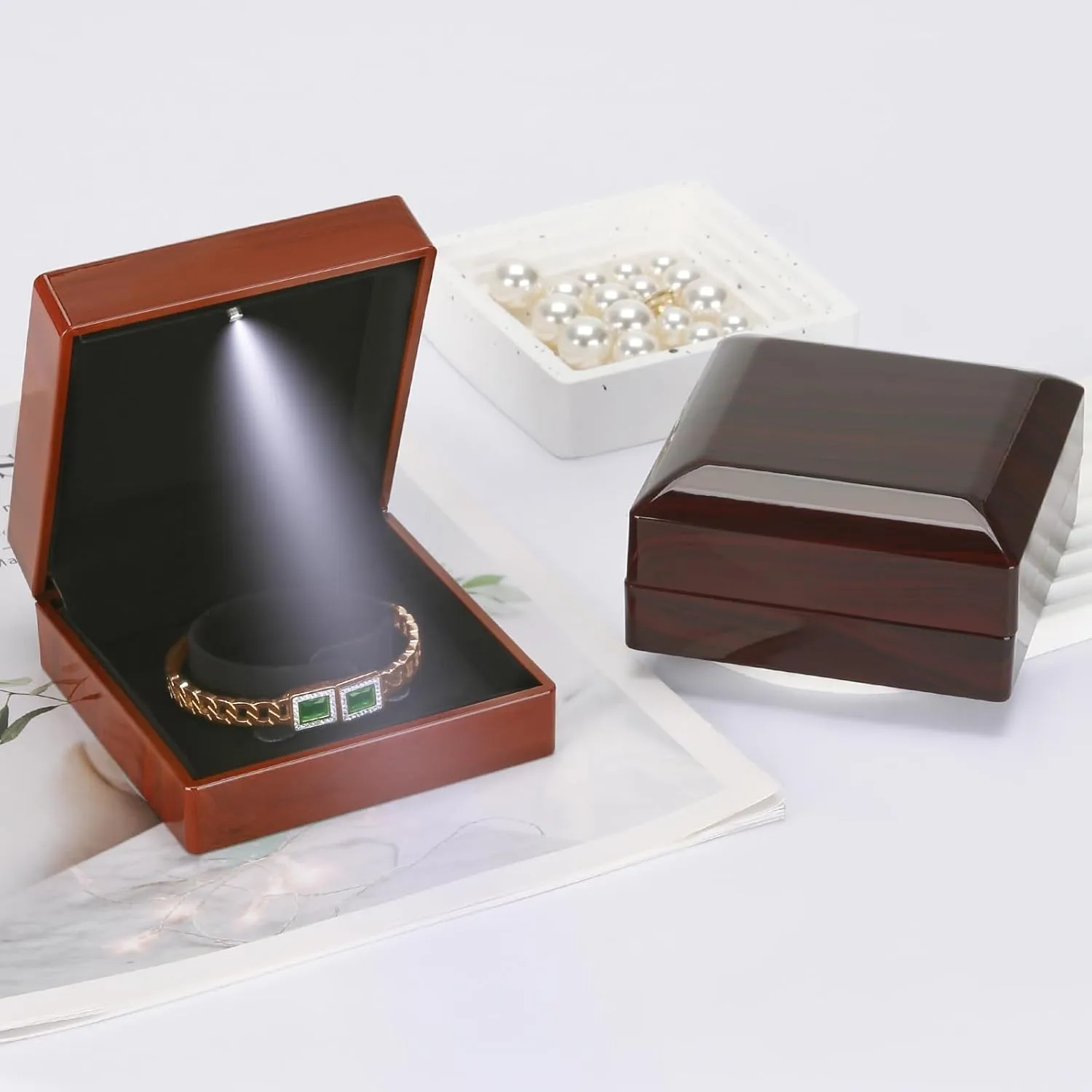Wooden Jewelry Bracelet Gift Box with LED Light, Small Velvet Lining Bracelet Bangle Holder Display Case Storage Organizer for Wedding Christmas Engagement Birthday Anniversary (Style 5)
