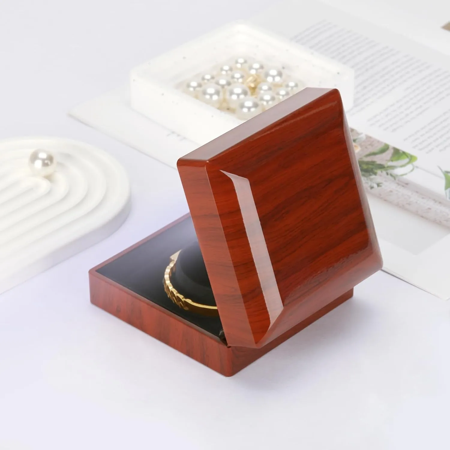Wooden Jewelry Bracelet Gift Box with LED Light, Small Velvet Lining Bracelet Bangle Holder Display Case Storage Organizer for Wedding Christmas Engagement Birthday Anniversary (Style 5)