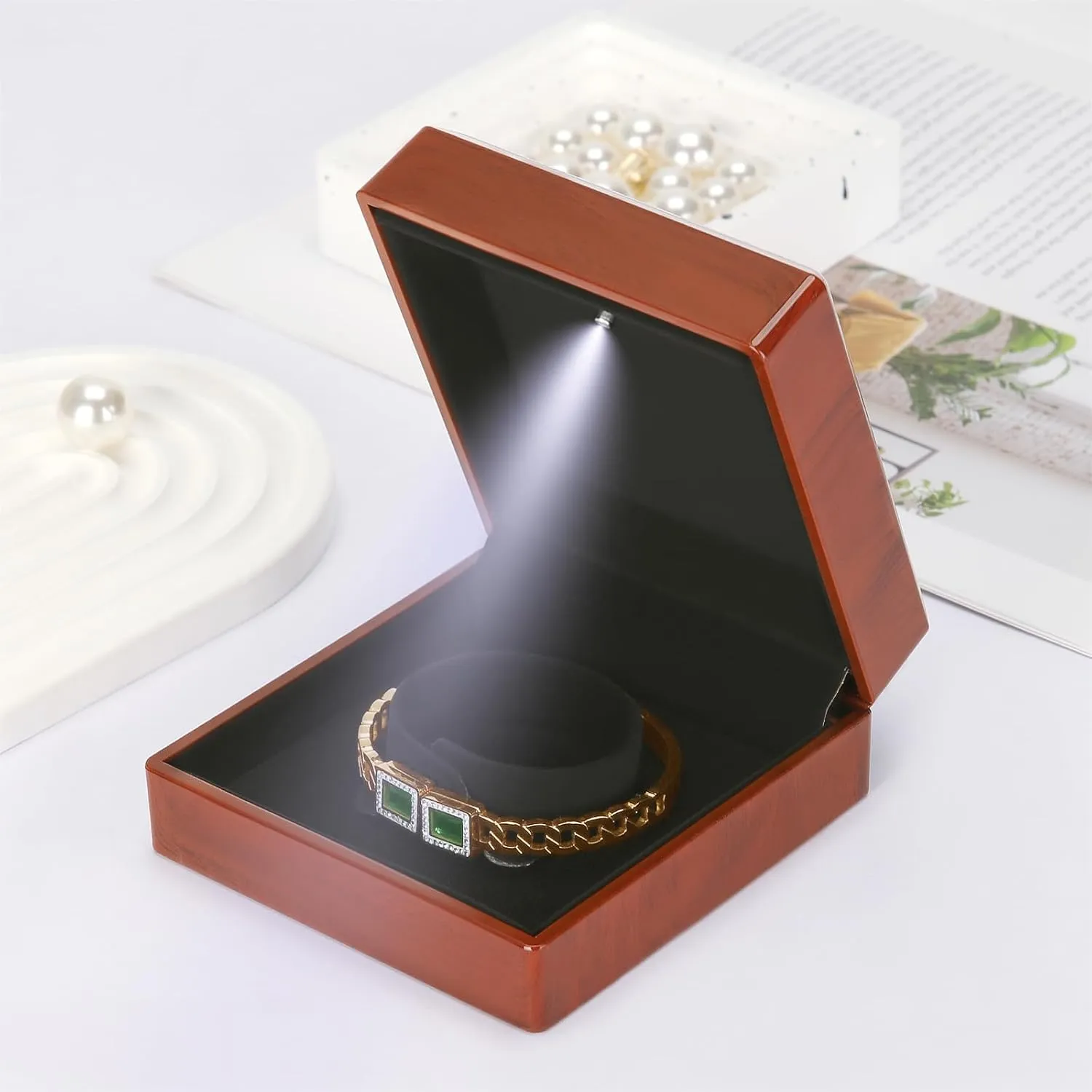 Wooden Jewelry Bracelet Gift Box with LED Light, Small Velvet Lining Bracelet Bangle Holder Display Case Storage Organizer for Wedding Christmas Engagement Birthday Anniversary (Style 5)