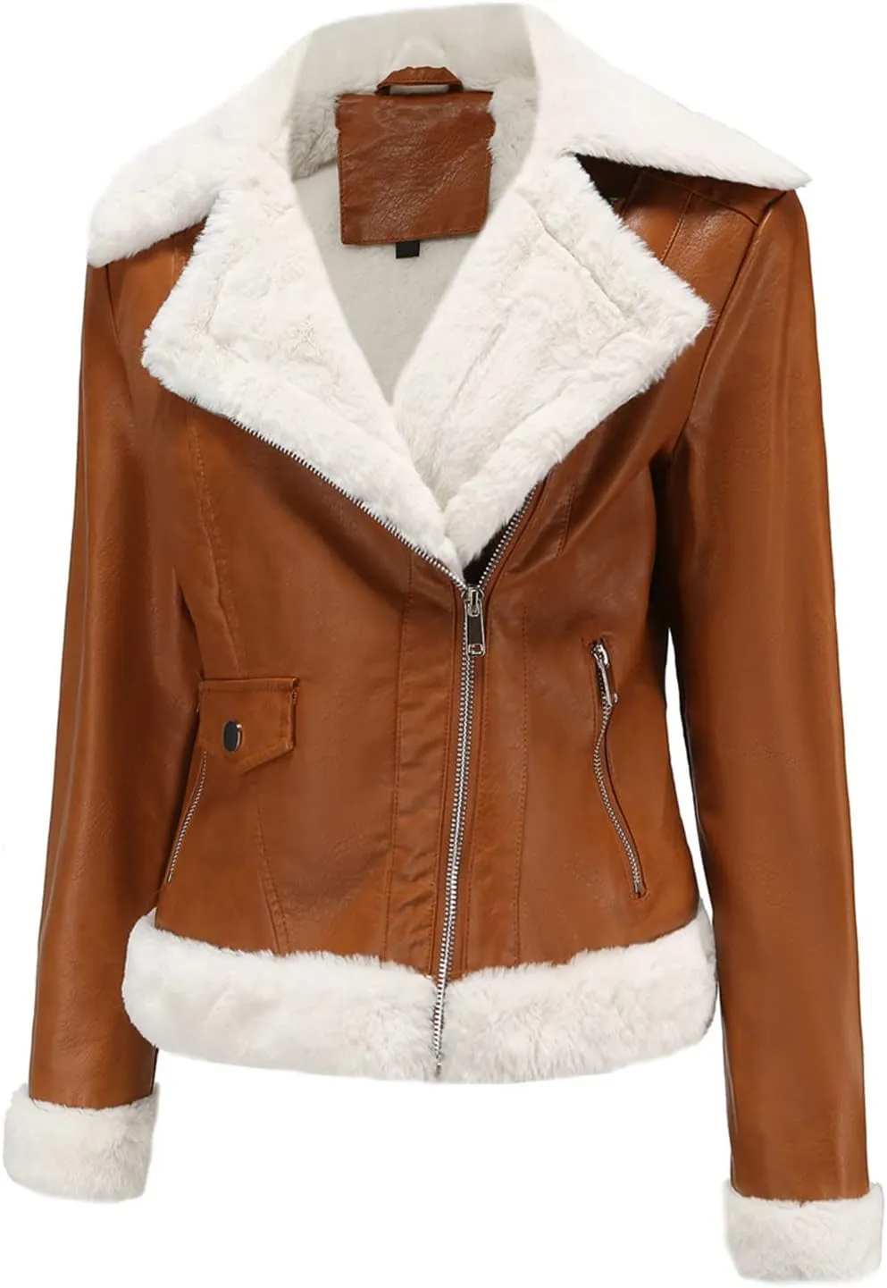XUNRYAN Women's Faux Leather Moto Biker Jacket Sherpa-Lined Weighted Fleece Jackets Winter Warm Thicken Short Trench Coat