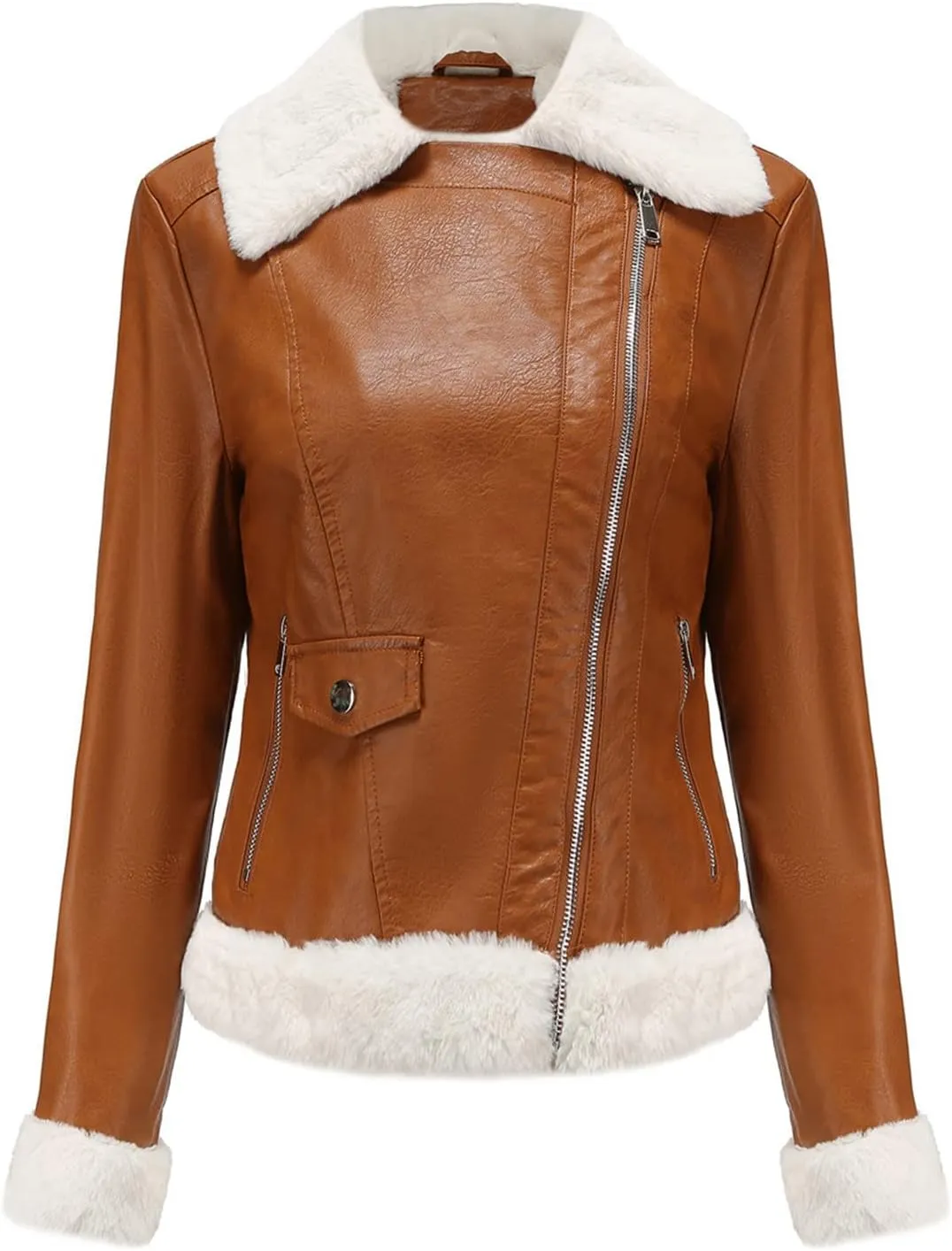 XUNRYAN Women's Faux Leather Moto Biker Jacket Sherpa-Lined Weighted Fleece Jackets Winter Warm Thicken Short Trench Coat