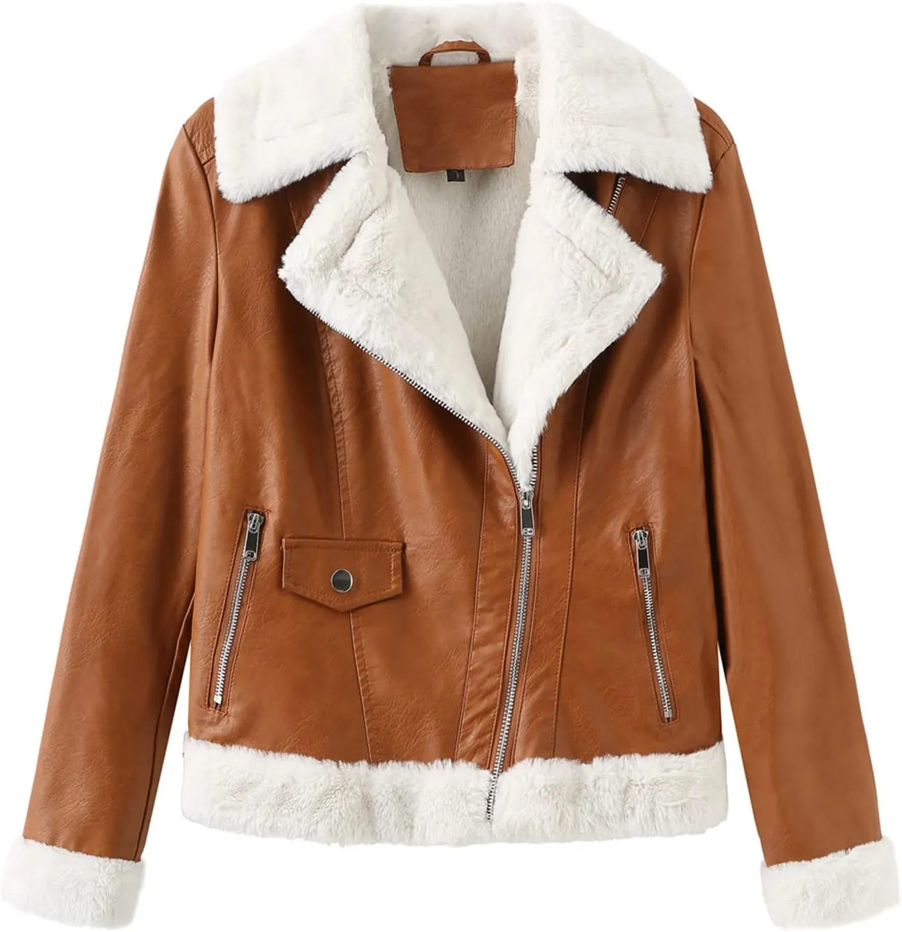 XUNRYAN Women's Faux Leather Moto Biker Jacket Sherpa-Lined Weighted Fleece Jackets Winter Warm Thicken Short Trench Coat