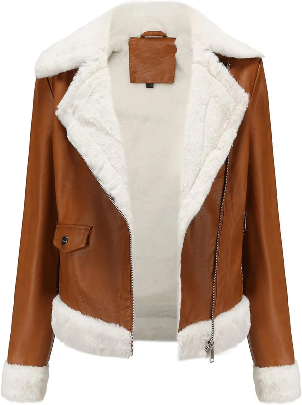 XUNRYAN Women's Faux Leather Moto Biker Jacket Sherpa-Lined Weighted Fleece Jackets Winter Warm Thicken Short Trench Coat