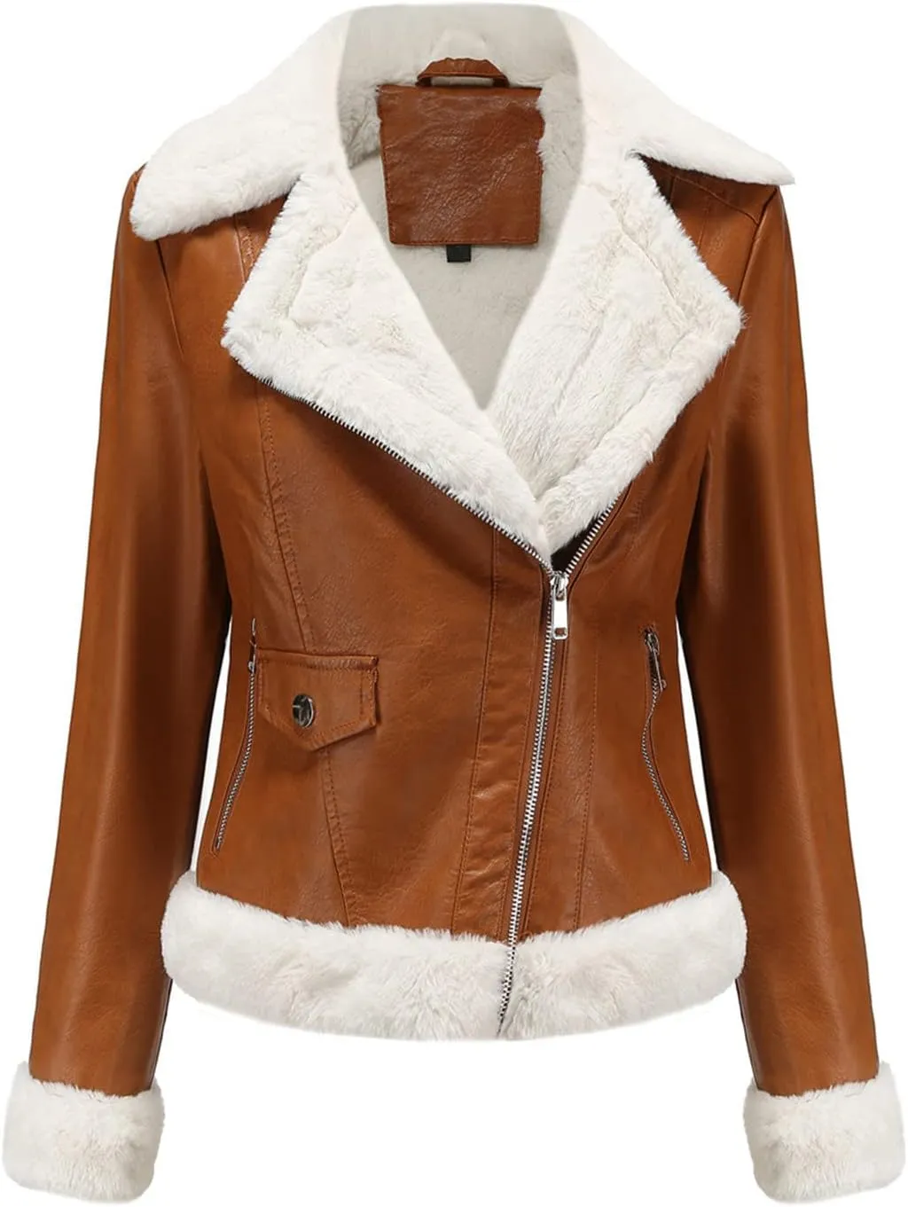 XUNRYAN Women's Faux Leather Moto Biker Jacket Sherpa-Lined Weighted Fleece Jackets Winter Warm Thicken Short Trench Coat
