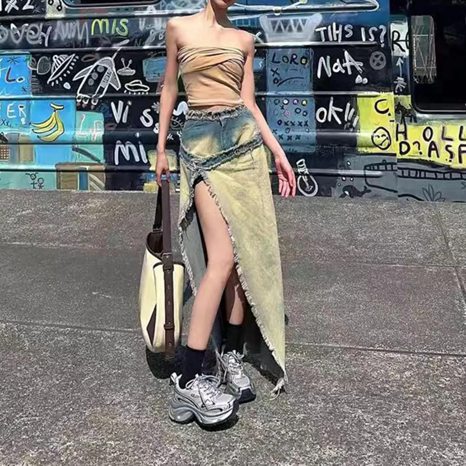 Y2k High Slit Maxi Skirt for Women Burrs Edge High Waisted Patchwork Denim Long Skirt Streetwear Club Dress
