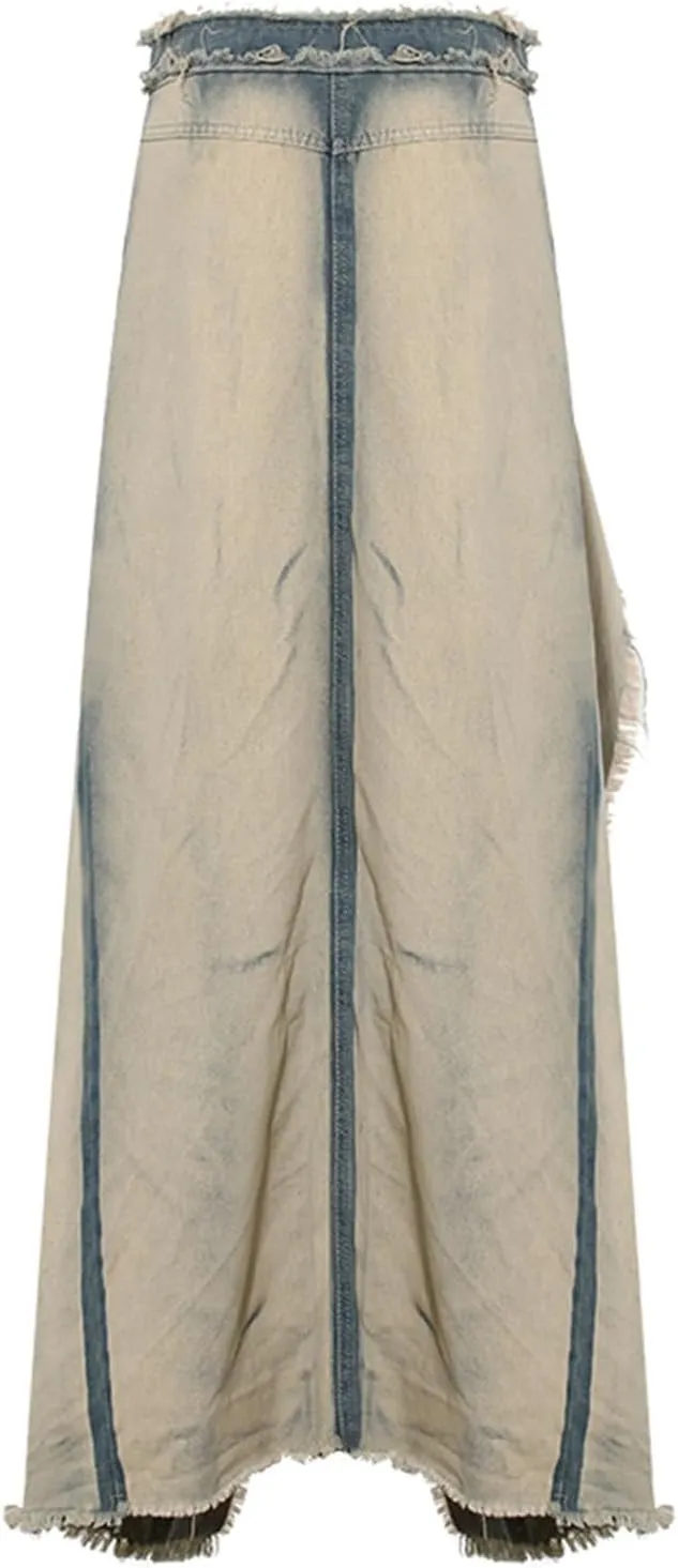 Y2k High Slit Maxi Skirt for Women Burrs Edge High Waisted Patchwork Denim Long Skirt Streetwear Club Dress
