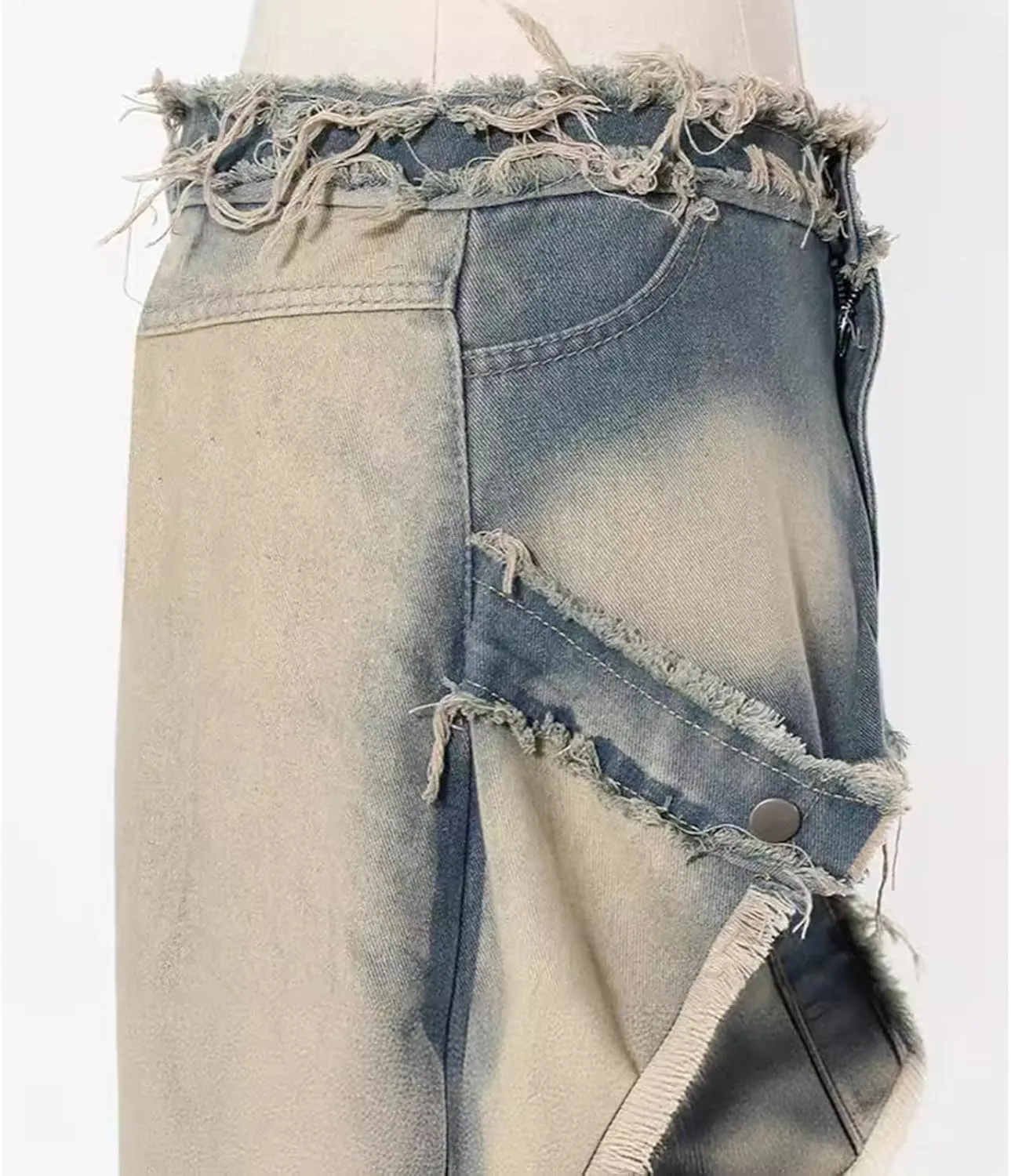 Y2k High Slit Maxi Skirt for Women Burrs Edge High Waisted Patchwork Denim Long Skirt Streetwear Club Dress