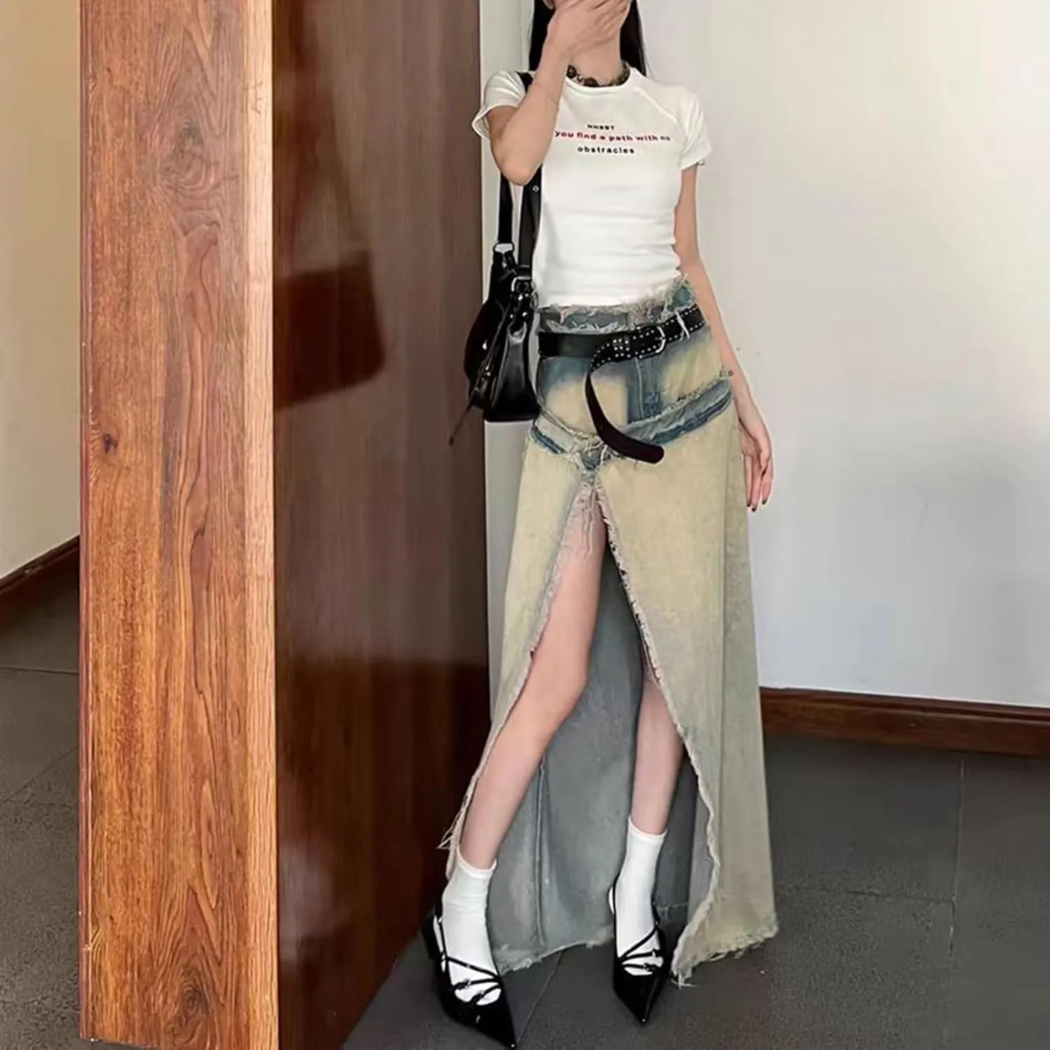 Y2k High Slit Maxi Skirt for Women Burrs Edge High Waisted Patchwork Denim Long Skirt Streetwear Club Dress