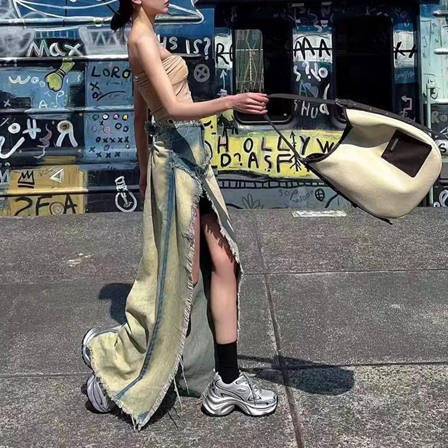 Y2k High Slit Maxi Skirt for Women Burrs Edge High Waisted Patchwork Denim Long Skirt Streetwear Club Dress
